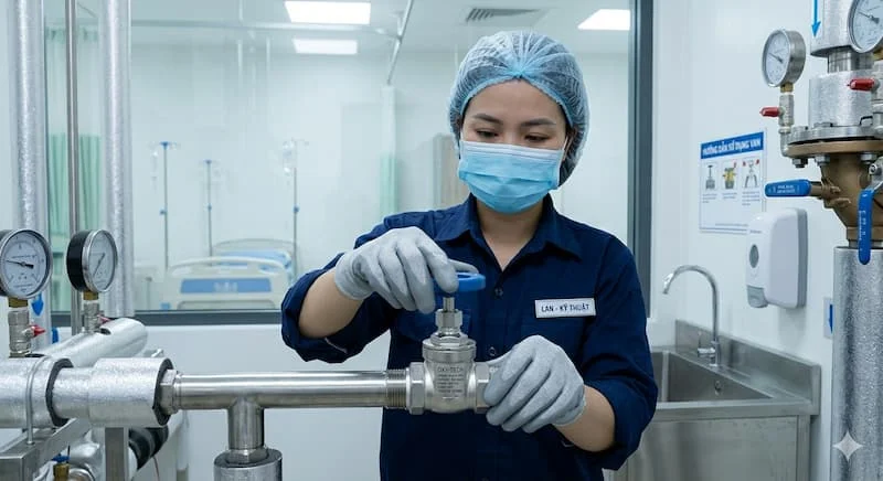 Một bức ảnh mô tả một nhân viên kỹ thuật (đeo găng tay, khẩu trang) đang thao tác lắp đặt van cổng vào một hệ thống đường ống nước y tế trong phòng bệnh viện.