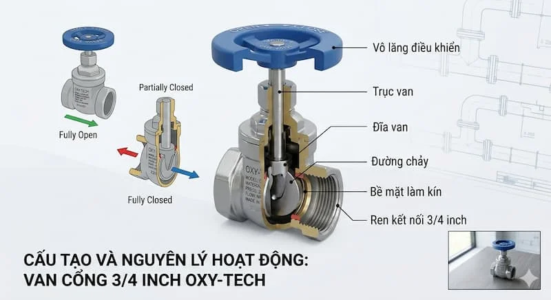 Một bức ảnh đồ họa 3D render sạch sẽ, minh họa cấu tạo bên trong của một chiếc van cổng. Van được thể hiện dưới dạng mặt cắt, với các bộ phận chính được đánh dấu và dán nhãn rõ ràng (ví dụ: "Đầu vào áp suất cao", "Đĩa van", "Lò xo điều chỉnh", "Đầu ra áp suất thấp", "Đồng hồ đo").