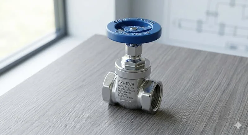 Ảnh chụp cận cảnh, chất lượng cao của một chiếc van cổng bằng đồng mạ crom sáng bóng, kích thước 3 4 inch.