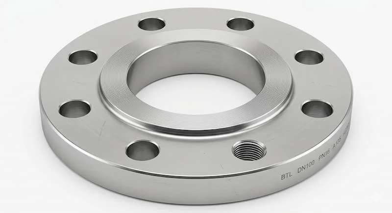 Chụp cận cảnh chi tiết cấu tạo bích thép DN100, thể hiện rõ bề mặt thép bóng loáng, các lỗ bu lông được khoan chính xác, các đường ren sắc nét và gờ bích được thiết kế chính xác.