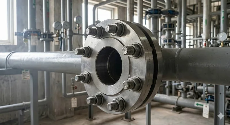 Chụp bích thép DN100 được lắp đặt hoàn chỉnh trên một đoạn đường ống trong hệ thống đường ống lớn, kết nối chắc chắn bằng bu lông và đai ốc.