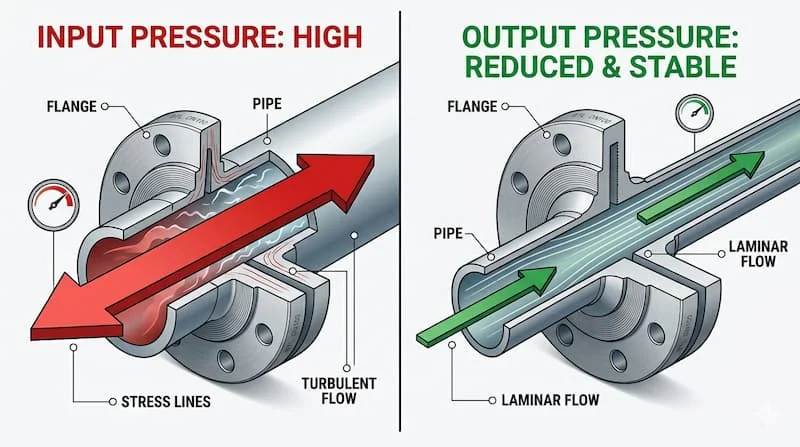 Ảnh so sánh tính năng chịu áp suất của bích thép DN100, kết hợp 2 hình ảnh trong một khung hình: hình ảnh bên trái thể hiện áp suất đầu vào cao với mũi tên màu đỏ lớn, hình ảnh bên phải thể hiện áp suất ổn định với mũi tên màu xanh lá cây nhỏ hơn sau khi đi qua bích thép.
