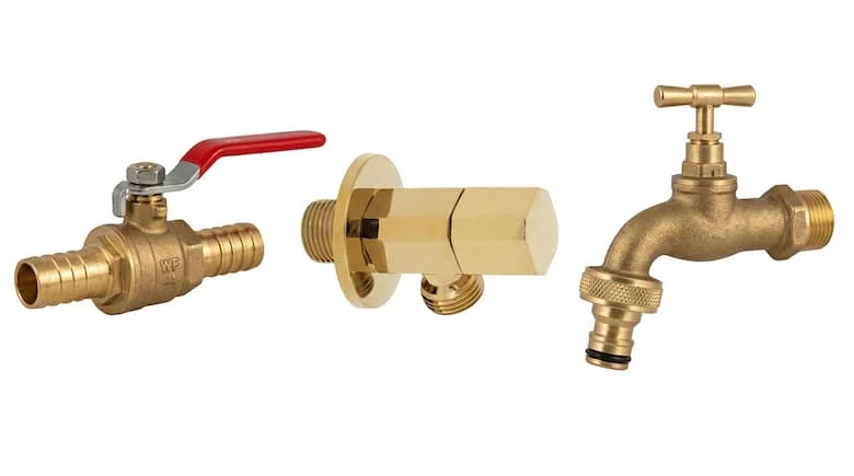 ác loại van vòi bằng đồng thau khác nhau, bao gồm van bi, van góc và van xả nước