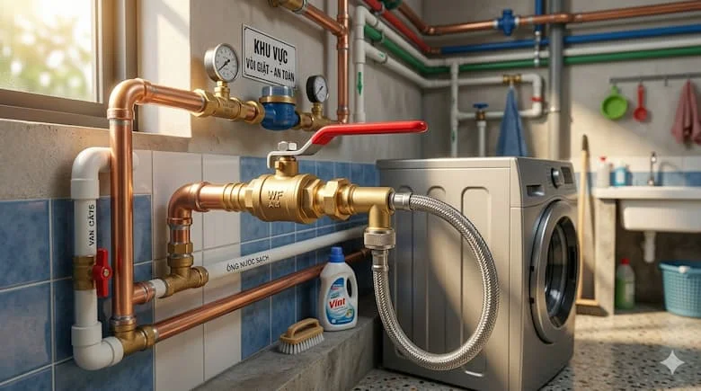 Van vòi nước bằng đồng thau được lắp đặt trong hệ thống đường ống nước gia đình, kết nối với máy giặt hoặc bồn rửa, đường ống sạch sẽ