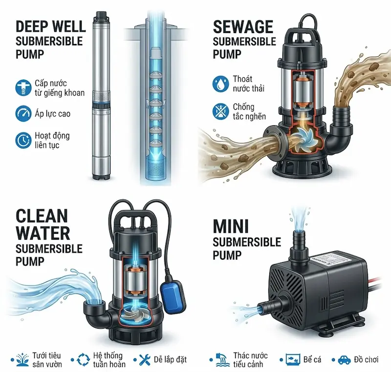 Cấu tạo chi tiết các loại bơm chìm