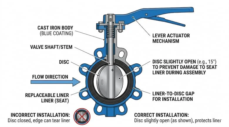 Sơ đồ mặt cắt ngang của van bướm thể hiện vị trí đĩa van trong quá trình lắp đặt, đĩa van hơi mở để tránh hư hỏng, mũi tên chỉ hướng dòng chảy