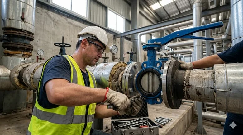 Lắp đặt van bướm trong đường ống công nghiệp, kỹ thuật viên lắp đặt van giữa hai mặt bích, có thể nhìn thấy bu lông và dụng cụ