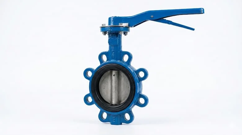 Van bướm công nghiệp, thân bằng gang phủ epoxy màu xanh lam, cần gạt tay lộ ra ngoà