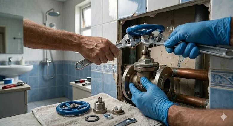 Một người thợ sửa ống nước đang thay thế van nước gắn tường, sử dụng dụng cụ cờ lê, tháo tay cầm van và các bộ phận bên trong