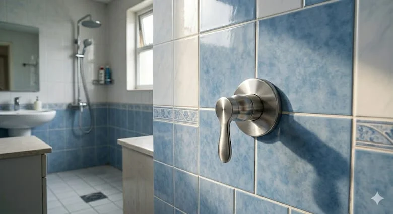 Van nước gắn tường mới được lắp đặt gọn gàng bên trong tường phòng tắm, thiết kế hiện đại, không rò rỉ