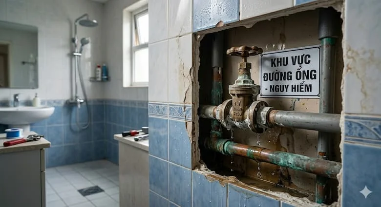 Van nước gắn trên tường phòng tắm bị rò rỉ, nước nhỏ giọt từ đường ống ẩn, bề mặt tường hơi hư hại