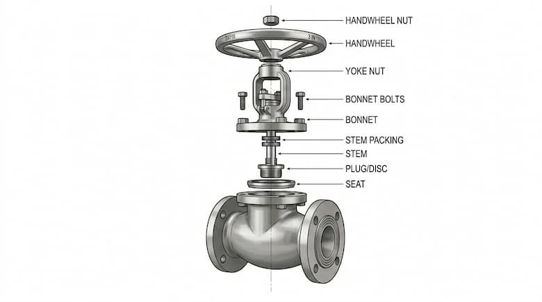 Hình ảnh tháo rời của một van cầu cho thấy các bộ phận bên trong bao gồm thân van, nắp van, trục van, đĩa van, đế van và tay quay