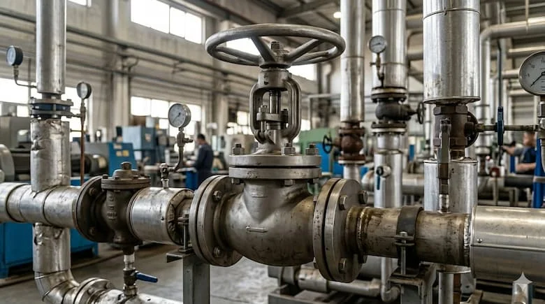 Van cầu được lắp đặt trong hệ thống đường ống công nghiệp, dùng để điều khiển lưu lượng trong hệ thống hơi nước hoặc nước