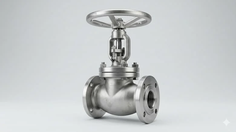 Van cầu làm bằng thép không gỉ, thiết kế van công nghiệp, thể hiện rõ tay quay và thân van