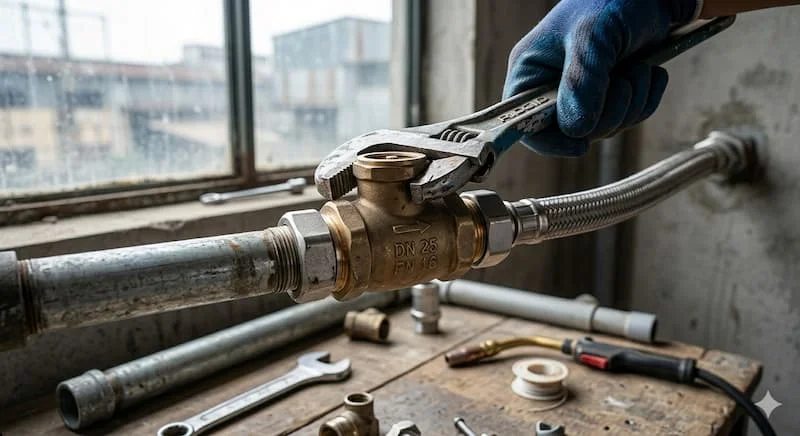 Ảnh chụp macro chân thực, lấy góc chụp từ công trường hoặc xưởng, ghi lại cảnh một van một chiều đang được lắp đặt.