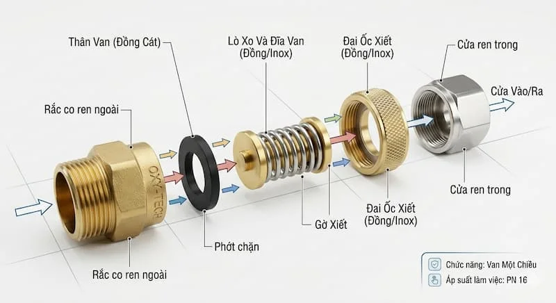 Đồ họa 3D render giáo dục, sạch sẽ của một van một chiều được tháo rời. Các bộ phận (ren ngoài, thân van, đĩa van...) được sắp xếp gọn gàng trên nền trắng có lưới nhẹ.