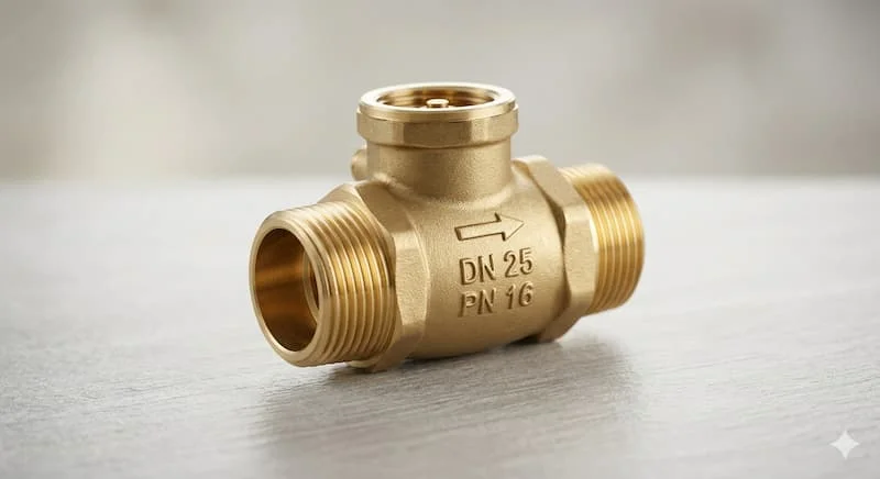 Ảnh chụp studio chuyên nghiệp, độ phân giải cao của một van một chiều bằng đồng hoặc inox đánh bóng.