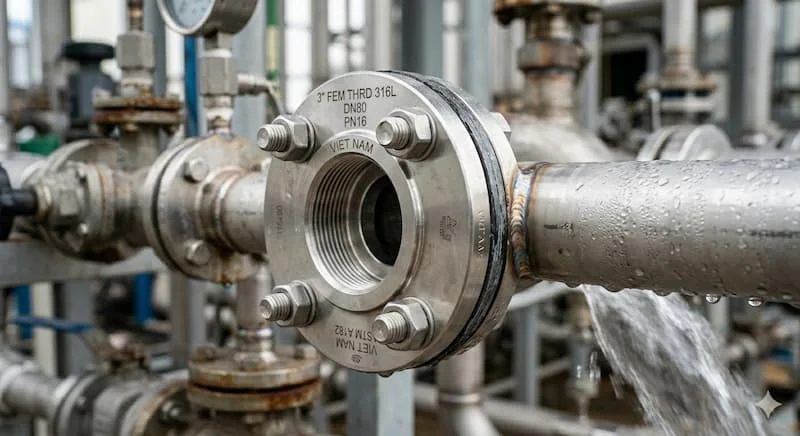 Minh họa cách thức hoạt động và vị trí của mặt bích trong hệ thống ống thực tế