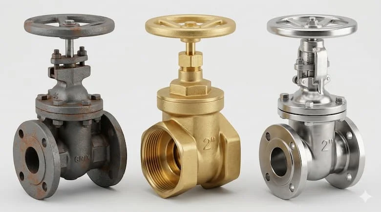 Các loại van cổng 2 inch khác nhau được làm từ gang, đồng thau và thép không gỉ, được trưng bày cạnh nhau