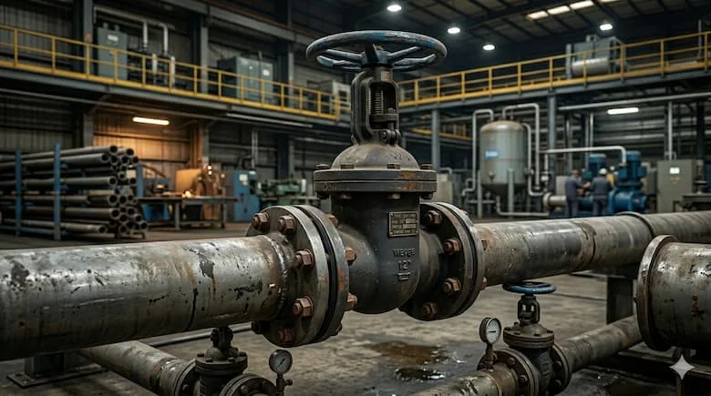 Van cổng 2 inch được lắp đặt trong hệ thống đường ống công nghiệp, kết nối mặt bích, ống thép, môi trường nhà máy