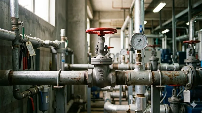 Chụp gate valve DN20 được lắp đặt hoàn chỉnh trên một đoạn đường ống cấp nước trong hệ thống đường ống, kết nối bằng ren.