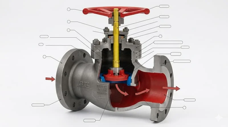 Chụp cận cảnh chi tiết cấu tạo gate valve DN20, thể hiện rõ thân valve bằng gang cầu gia công chính xác, tay quay màu đỏ nổi bật, trục valve bằng thép không gỉ bóng loáng và cánh valve hình đĩa.