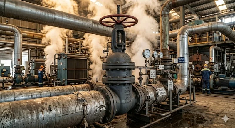 Ảnh chụp một chiếc van nước nóng công nghiệp cỡ lớn, được làm bằng gang chịu lực. Van có màu xám đậm và được lắp đặt trên một đường ống nước nóng khổng lồ trong một nhà máy, với hơi nước bốc lên từ các máy móc xung quanh.