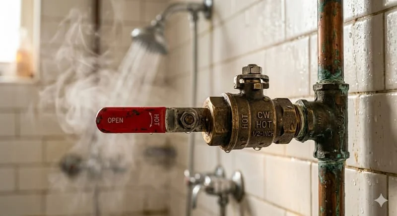 Ảnh chụp cận cảnh một chiếc van nước nóng bằng đồng thau, với tay cầm màu đỏ nổi bật.