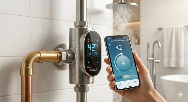 Hình ảnh một chiếc van nước nóng kỹ thuật số thông minh, với màn hình LED hiển thị nhiệt độ nước hiện tại.