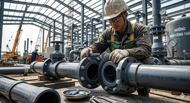 Quá trình kỹ thuật viên đang căn chỉnh gioăng giữa hai mặt bích trên đường ống tại một công trường công nghiệp