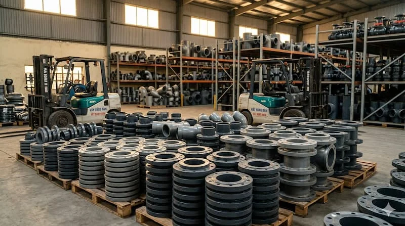 Nhiều chiếc mặt bích uPVC 100A được xếp trên các pallet gỗ trong nhà kho