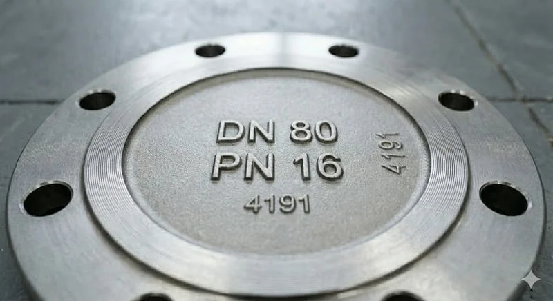 Bức ảnh này tập trung vào độ chính xác của dấu dập nổi "DN 80"