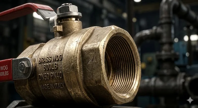 Cận cảnh macro kiểu điện ảnh vào phần kết nối ren và thân của một van bi bằng đồng hạng nặng.