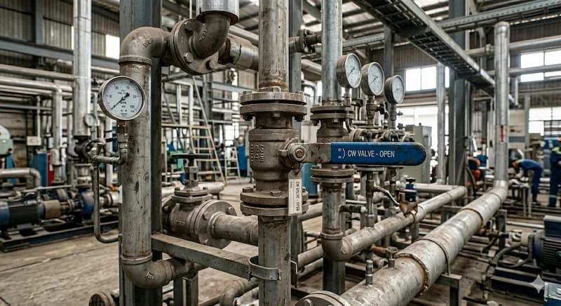 Ảnh chụp hiện trường thực tế của một van bi kim loại được lắp đặt trên một mạng lưới ống nước công nghiệp phức tạp bên trong một nhà máy.