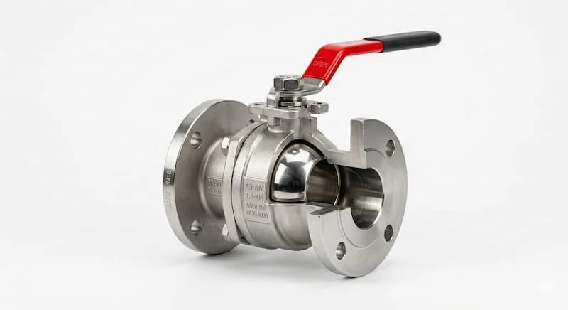 Ảnh chụp sản phẩm chuyên nghiệp của một van bi kim loại công nghiệp, làm bằng thép không gỉ đánh bóng, với tay cầm màu đỏ tươi ở vị trí 'mở'