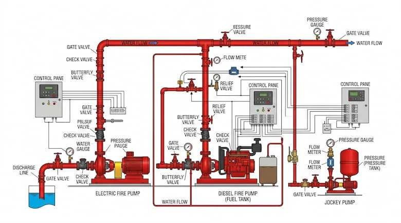 Sơ đồ chi tiết hệ thống bơm chữa cháy bao gồm bơm điện, bơm diesel, bơm phụ, đường ống, van và bảng điều khiển