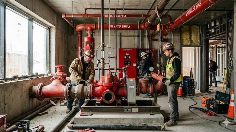 Các kỹ thuật viên đang lắp đặt hệ thống bơm chữa cháy tại một công trường xây dựng, làm việc với đường ống và thiết bị bơm bên trong phòng bơm chữa cháy