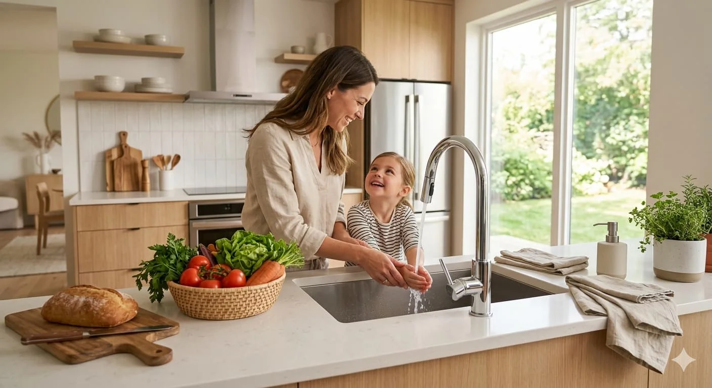 Một góc chụp rộng về một căn bếp hiện đại, ngập sảng ánh sáng tự nhiên. Đặt sản phẩm vào không gian sống thực tế, tạo sự gần gũi.