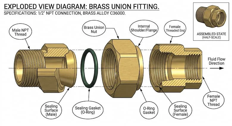 ơ đồ hình chiếu tháo rời của một khớp nối bằng đồng thau, thể hiện các bộ phận bao gồm hai đầu ren, đai ốc nối và gioăng làm kín