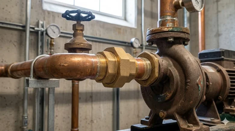 Một khớp nối bằng đồng thau được lắp đặt trong hệ thống đường ống nước, kết nối với van và máy bơm