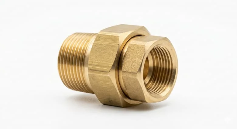 ình ảnh độ phân giải cao của một phụ kiện nối bằng đồng thau (rac co dong), ảnh chụp sản phẩm chân thực, hiển thị rõ các đầu ren và đai ốc lục giác, chất liệu đồng thau được đánh bóng