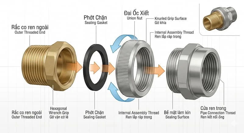 một hình ảnh đồ họa 3D render sạch sẽ, có thể sử dụng để giải thích cấu tạo chi tiết của rắc co.