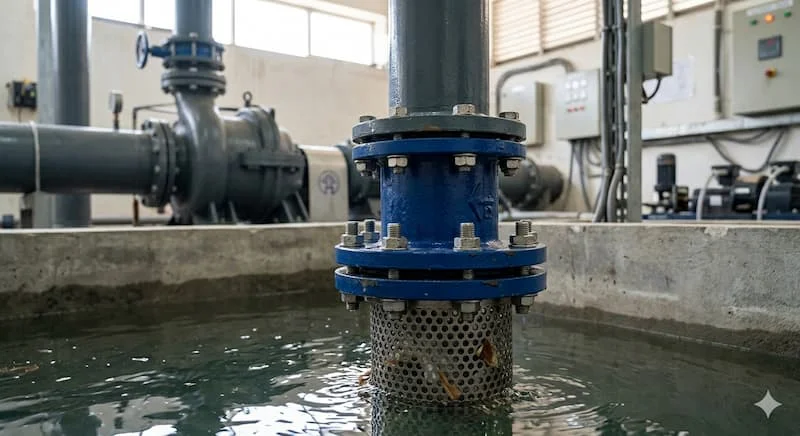 Chụp rọ bơm mặt bích gang cầu màu xanh được lắp đặt hoàn chỉnh ngâm một phần trong nước tại bể chứa của một phòng kỹ thuật máy bơm