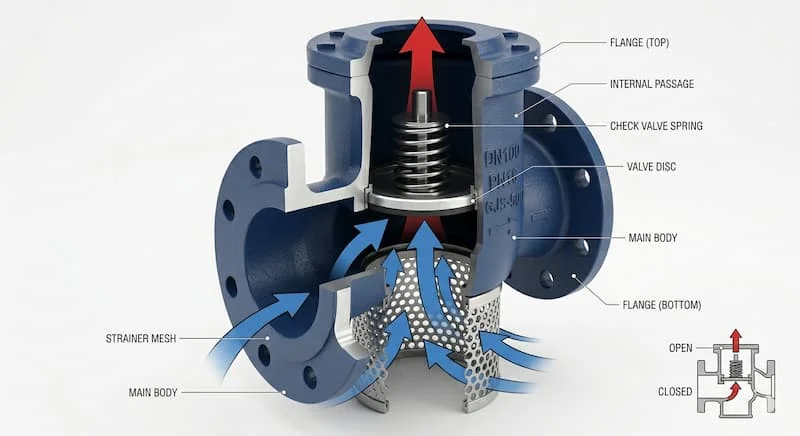 Ảnh đồ họa 3D render minh họa rọ bơm mặt bích ở dạng cutaway một phần. Sử dụng mũi tên đồ họa màu xanh để chỉ dòng nước vào qua lưới lọc và mũi tên đồ họa màu đỏ để chỉ dòng nước ra được van một chiều điều hướng. Thể hiện rõ cấu tạo bên trong và mặt bích.