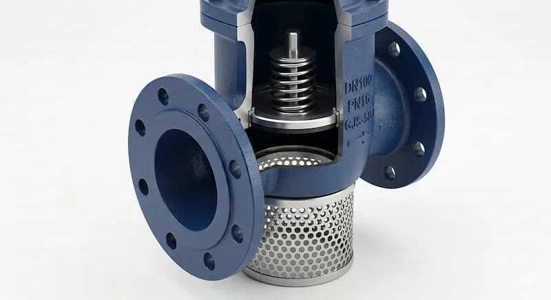 Chụp cận cảnh chi tiết cấu tạo một rọ bơm mặt bích màu xanh đậm (gang cầu), đặt trên nền trắng tinh khiết. Thể hiện rõ mặt bích với lỗ bu lông chính xác, lưới lọc inox với lỗ thoáng đồng đều và đĩa van một chiều dạng lò xo bên trong.