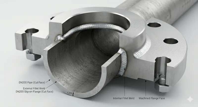 Mặt cắt ngang của mặt bích lồng đã được hàn