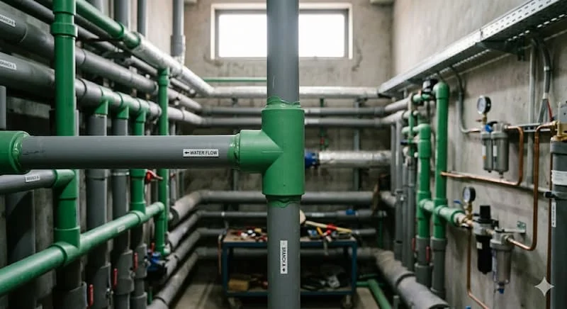 Chụp tê ống nước PPR màu xanh được lắp đặt hoàn chỉnh trong giao điểm ba đường ống tại một phòng kỹ thuật.