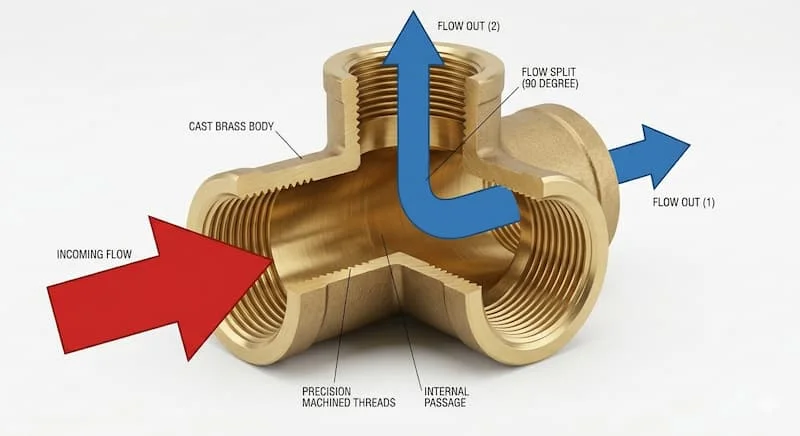 Ảnh đồ họa 3D render minh họa tê ống nước đồng ren ở dạng cutaway một phần. Sử dụng mũi tên đồ họa màu đỏ lớn để chỉ dòng nước vào và hai mũi tên màu xanh nhỏ hơn để chỉ dòng nước ra được chia 90 độ.