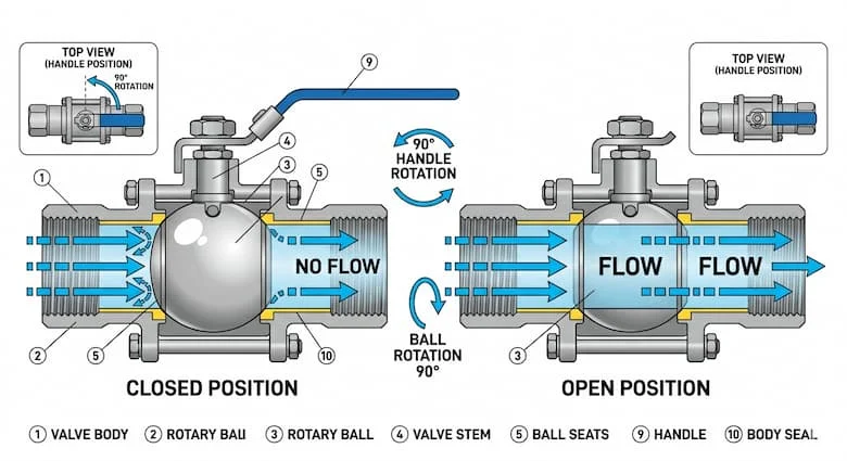 HÌnh ảnh cách hoạt động của van bi ren, bi xoay 90 độ để mở và đóng dòng chảy, mũi tên chỉ hướng nước