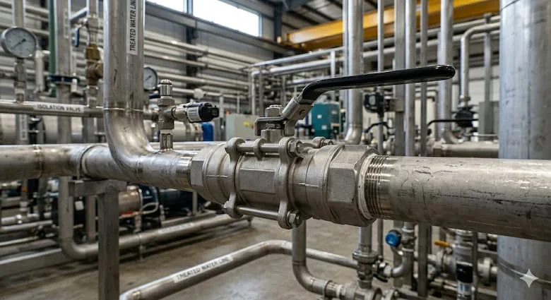 Van bi ren được lắp đặt trong hệ thống đường ống công nghiệp thực tế, ống thép không gỉ, các mối nối ren có thể nhìn thấy, được sử dụng trong hệ thống cấp nước hoặc khí đốt